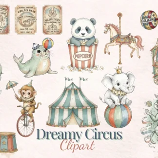 Vintage Circus Clipart Bundle, Pastel Carnival Animals PNG, Dreamy Hand Drawn Carousel Horse