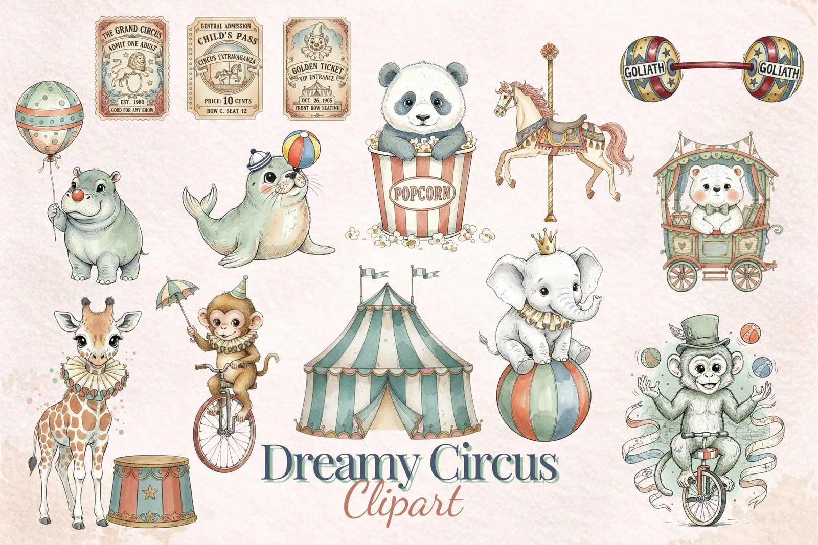 Vintage Circus Clipart Bundle, Pastel Carnival Animals PNG, Dreamy Hand Drawn Carousel Horse Cliparts digital download preview by Cute & Co.