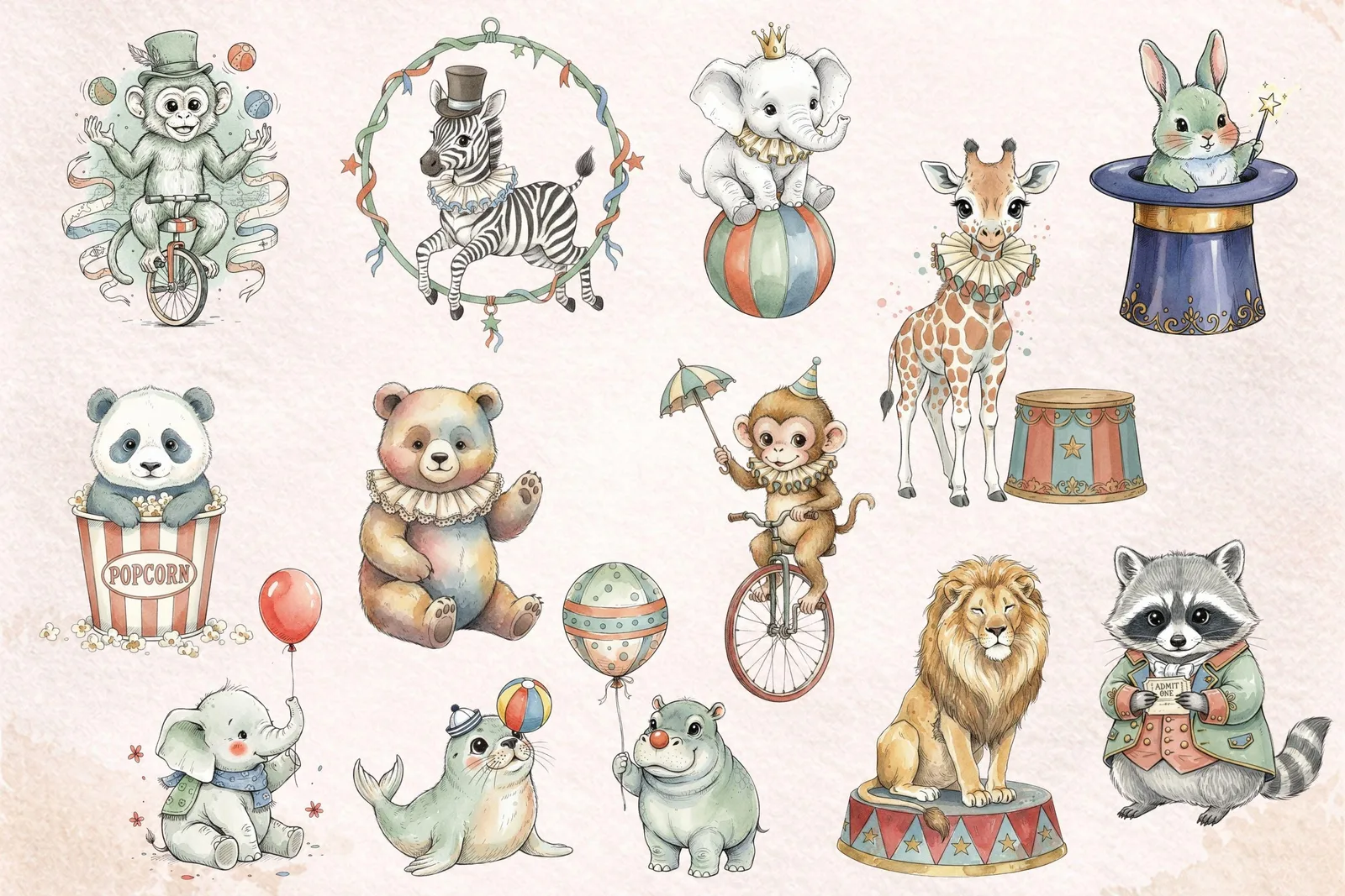 Vintage Circus Clipart Bundle, Pastel Carnival Animals PNG, Dreamy Hand Drawn Carousel Horse Cliparts digital download preview by Cute & Co.