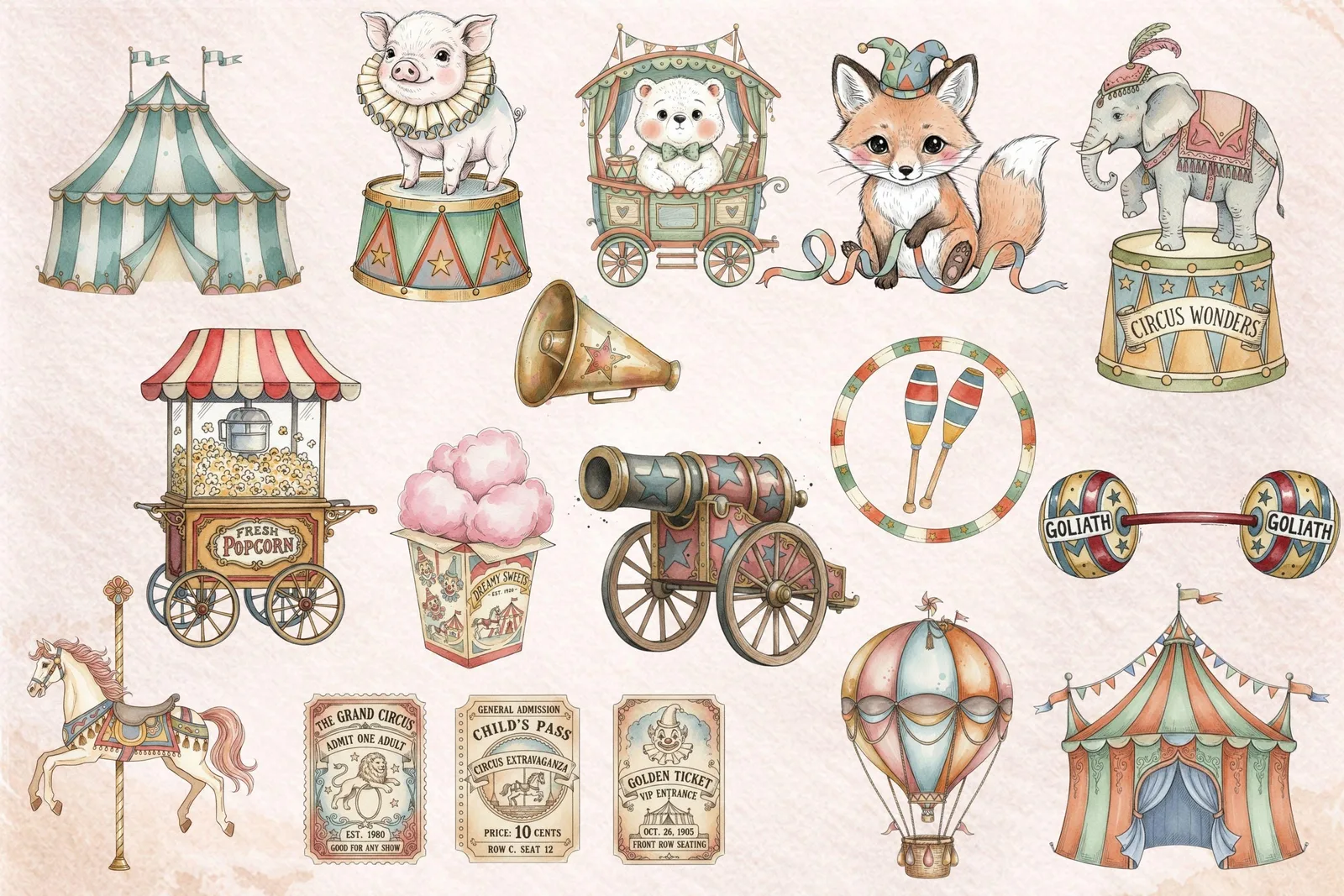 Vintage Circus Clipart Bundle, Pastel Carnival Animals PNG, Dreamy Hand Drawn Carousel Horse Cliparts digital download preview by Cute & Co.