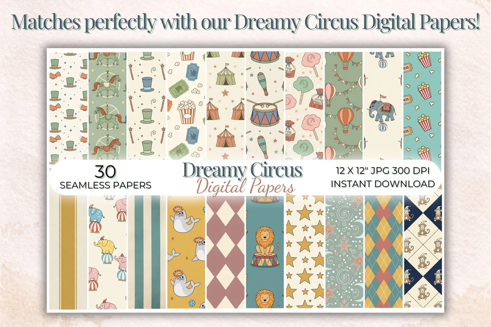 Vintage Circus Clipart Bundle, Pastel Carnival Animals PNG, Dreamy Hand Drawn Carousel Horse Cliparts digital download preview by Cute & Co.