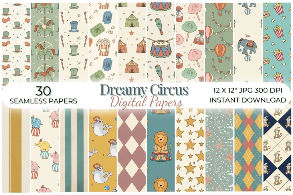 Vintage Circus Digital Paper Pack, Pastel Carnival Seamless Backgrounds, Dreamy Harlequin Pattern Digital Papers digital download preview by Cute & Co.