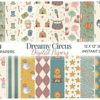 Vintage Circus Digital Paper Pack, Pastel Carnival Seamless Backgrounds, Dreamy Harlequin Pattern Digital Papers digital download preview by Cute & Co.