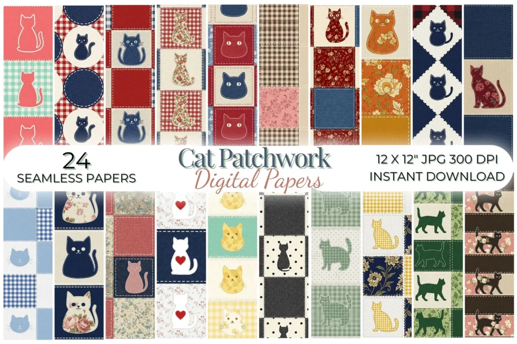 Cat Patchwork Digital Paper Pack, Quilt Block Seamless Pattern, Embroidered Fabric Background Digital Papers digital download preview by Cute & Co.