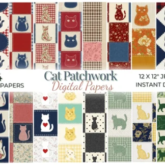 Cat Patchwork Digital Paper Pack, Quilt Block Seamless Pattern, Embroidered Fabric Background Digital Papers digital download preview by Cute & Co.