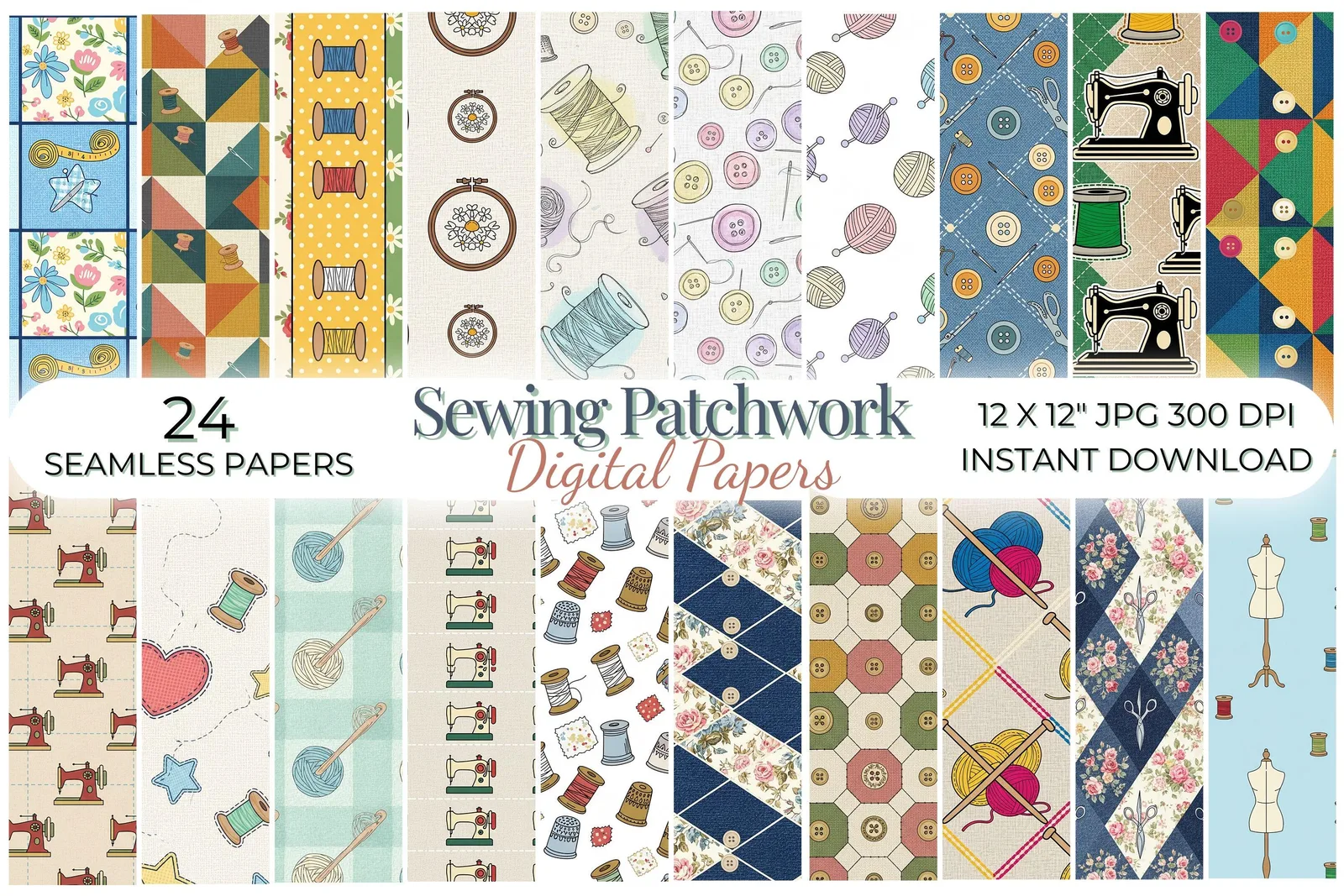 Sewing Patchwork Digital Paper, Quilting Seamless Patterns, Fabric Scrapbook Backgrounds, Vintage Tailor Papers Digital Papers digital download preview by Cute & Co.