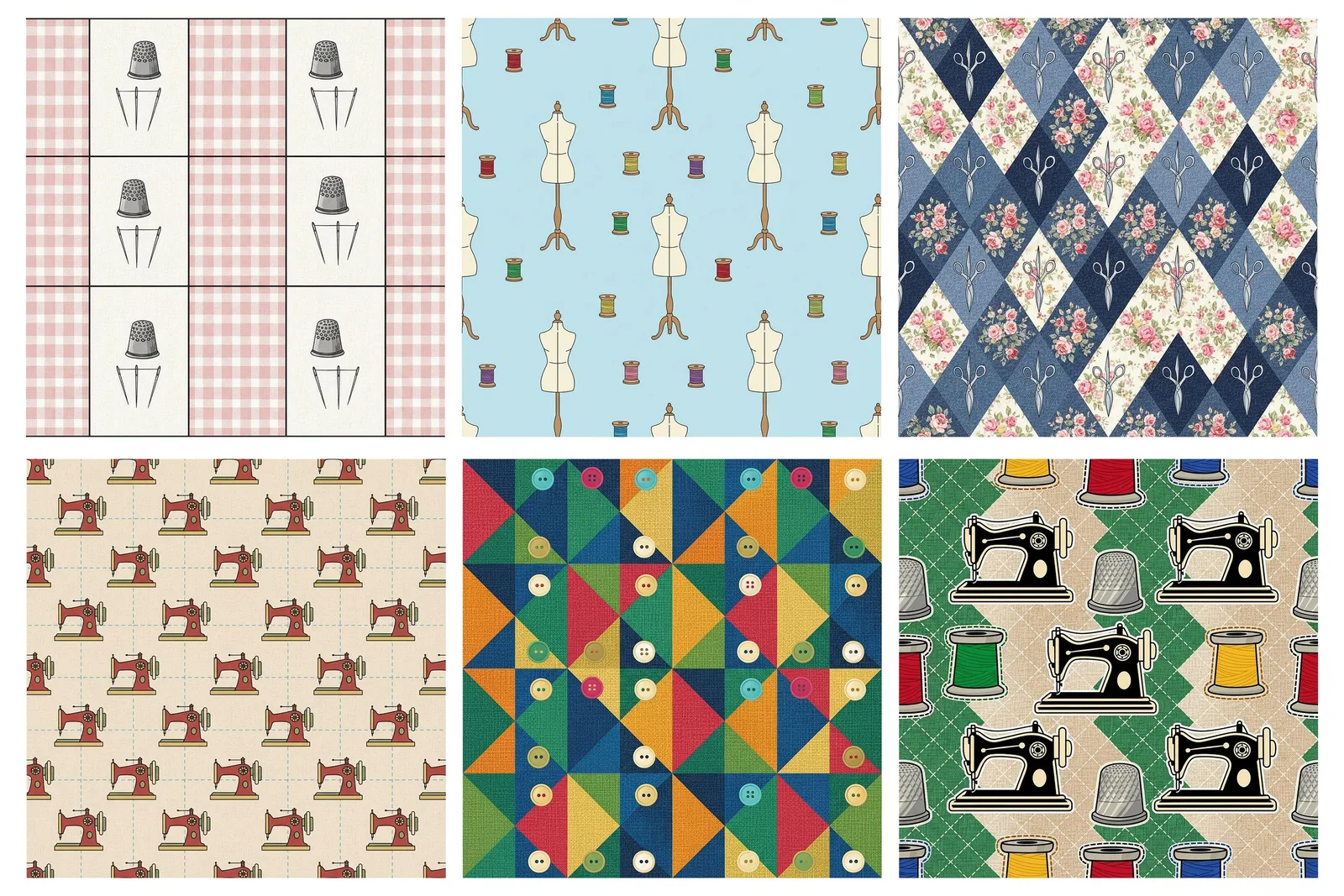 Sewing Patchwork Digital Paper, Quilting Seamless Patterns, Fabric Scrapbook Backgrounds, Vintage Tailor Papers Digital Papers digital download preview by Cute & Co.