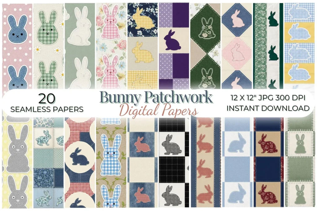 Bunny Patchwork Digital Paper Pack, Quilt Block Seamless Pattern, Embroidered Rabbit Fabric Digital Papers digital download preview by Cute & Co.