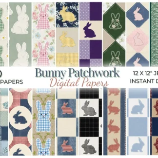 Bunny Patchwork Digital Paper Pack, Quilt Block Seamless Pattern, Embroidered Rabbit Fabric Digital Papers digital download preview by Cute & Co.