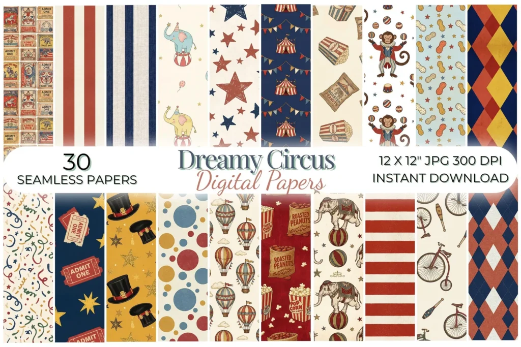 Vintage Circus Digital Paper, Classic Carnival Seamless Patterns, Retro Ephemera Backgrounds, Amusement Park Digital Papers digital download preview by Cute & Co.