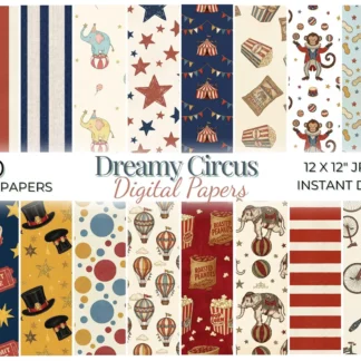 Vintage Circus Digital Paper, Classic Carnival Seamless Patterns, Retro Ephemera Backgrounds, Amusement Park Digital Papers digital download preview by Cute & Co.
