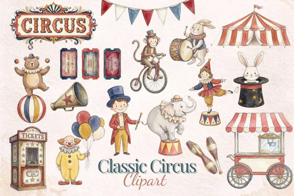 Vintage Circus Clipart Bundle, Classic Red Blue Carnival PNG, Animals Clip Art Cliparts digital download preview by Cute & Co.