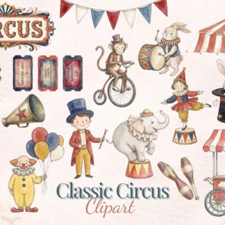 Vintage Circus Clipart Bundle, Classic Red Blue Carnival PNG, Animals Clip Art