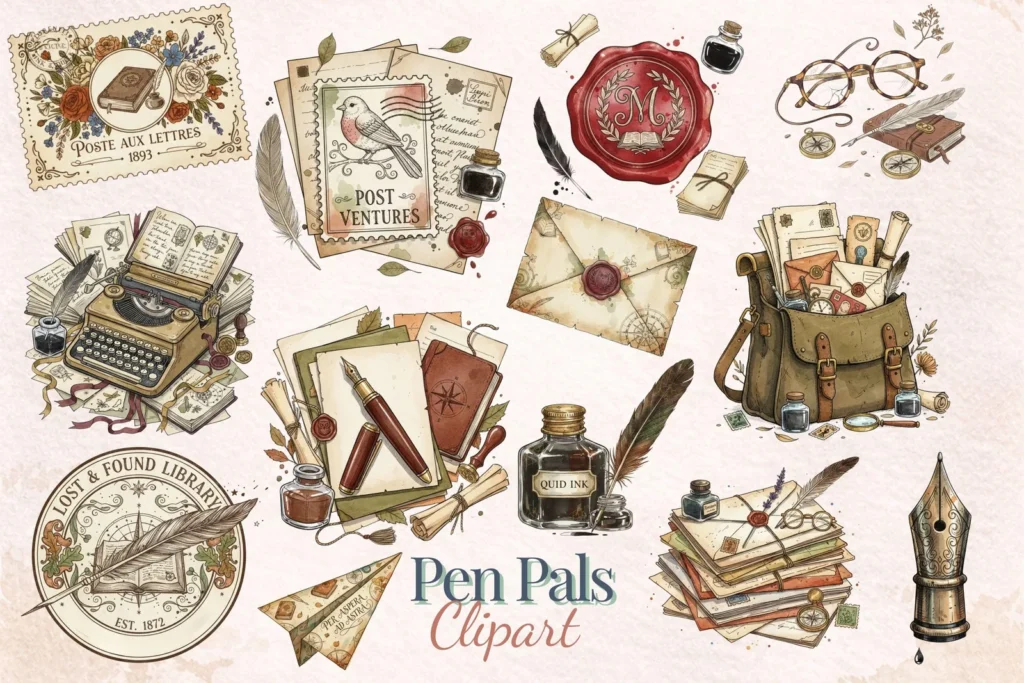 Cozy Snail Mail Clipart, Vintage Pen Pal Stationery, Dark Academia PNG, Writing Watercolor Cliparts digital download preview by Cute & Co.