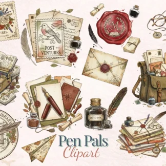 Cozy Snail Mail Clipart, Vintage Pen Pal Stationery, Dark Academia PNG, Writing Watercolor