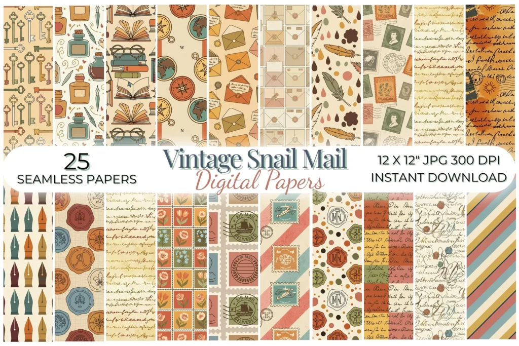 Vintage Snail Mail Digital Paper, Cozy Dark Academia Seamless Patterns, Pen Pal Digital Papers digital download preview by Cute & Co.