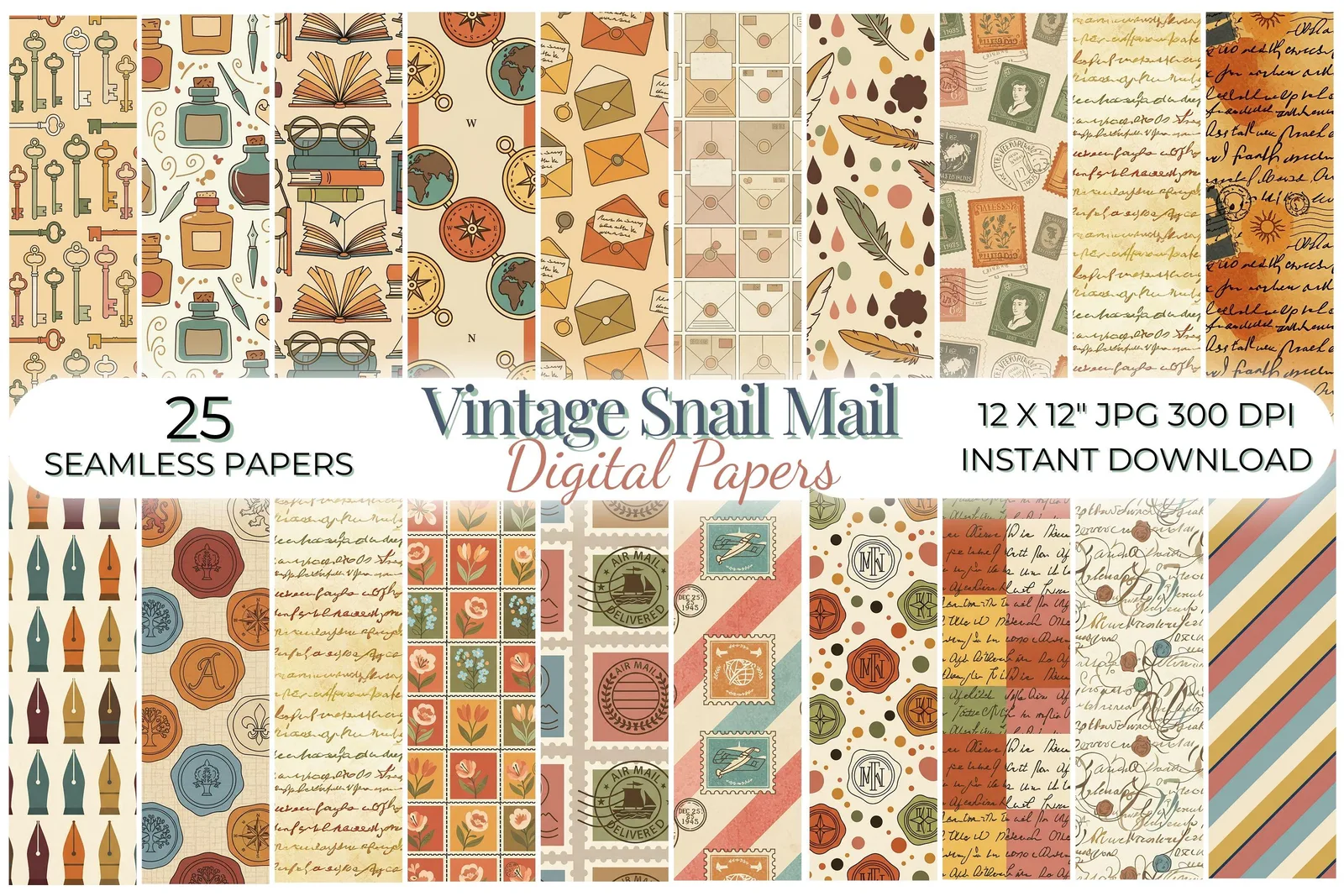 Vintage Snail Mail Digital Paper, Cozy Dark Academia Seamless Patterns, Pen Pal Digital Papers digital download preview by Cute & Co.