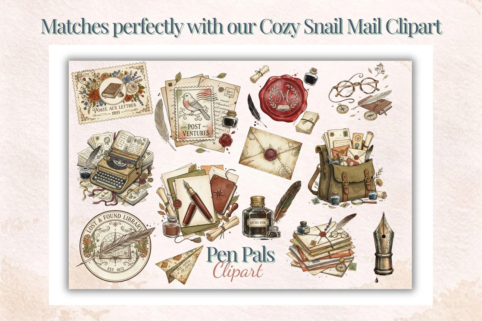 Vintage Snail Mail Digital Paper, Cozy Dark Academia Seamless Patterns, Pen Pal Digital Papers digital download preview by Cute & Co.
