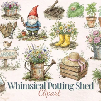 Whimsical Potting Shed Clipart, Cottagecore Gardening PNG, Spring Floral Watercolor Clip Art Bundle
