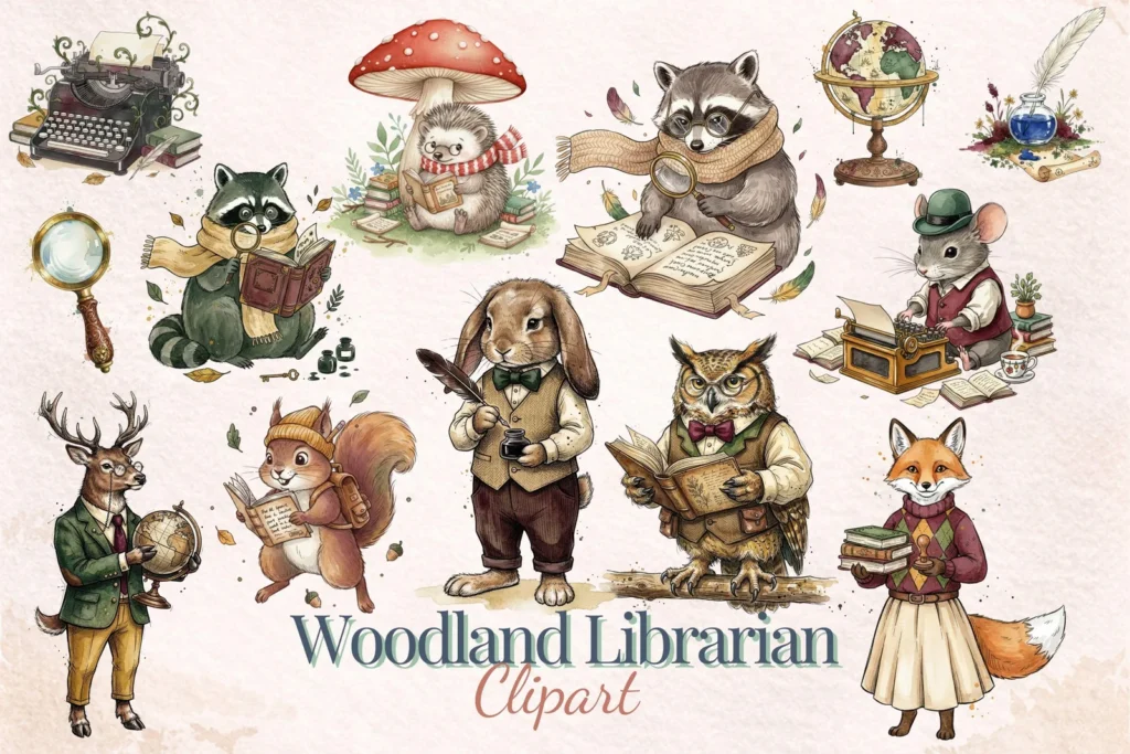 Woodland Librarian Clipart, Dark Academia Forest Animals PNG, Vintage Cottagecore Reading Clip Art Cliparts digital download preview by Cute & Co.