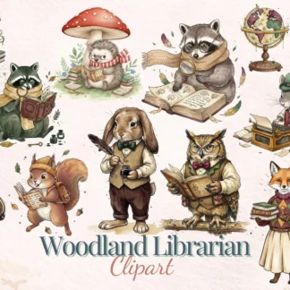 Woodland Librarian Clipart, Dark Academia Forest Animals PNG, Vintage Cottagecore Reading Clip Art