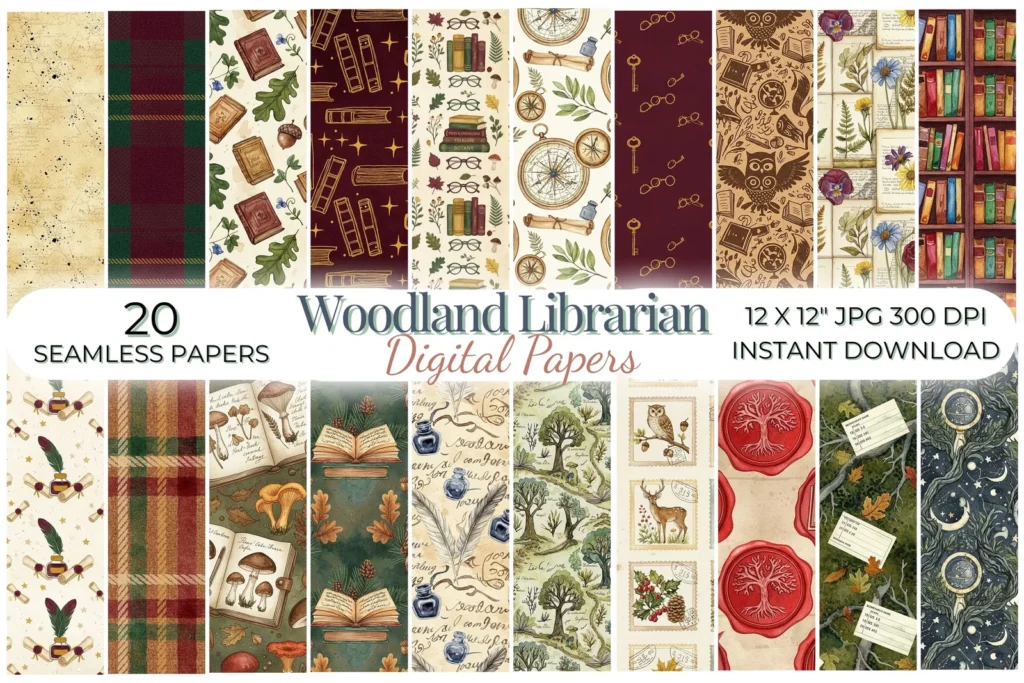 Woodland Librarian Digital Paper, Dark Academia Forest Seamless Pattern, Vintage Bookish Scrapbook Background Digital Papers digital download preview by Cute & Co.