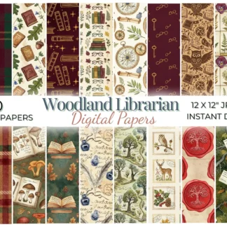 Woodland Librarian Digital Paper, Dark Academia Forest Seamless Pattern, Vintage Bookish Scrapbook Background Digital Papers digital download preview by Cute & Co.