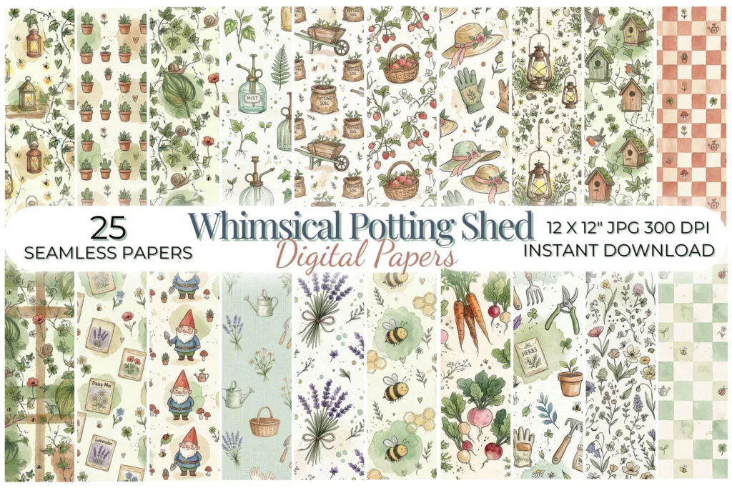 Whimsical Potting Shed Digital Paper, Cottagecore Gardening Seamless Pattern, Spring Floral Scrapbook Backgrounds Digital Papers digital download preview by Cute & Co.