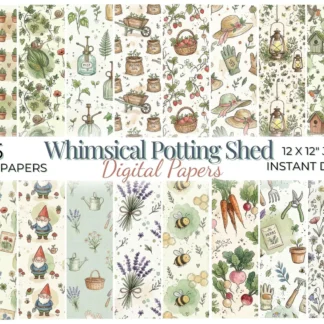 Whimsical Potting Shed Digital Paper, Cottagecore Gardening Seamless Pattern, Spring Floral Scrapbook Backgrounds Digital Papers digital download preview by Cute & Co.