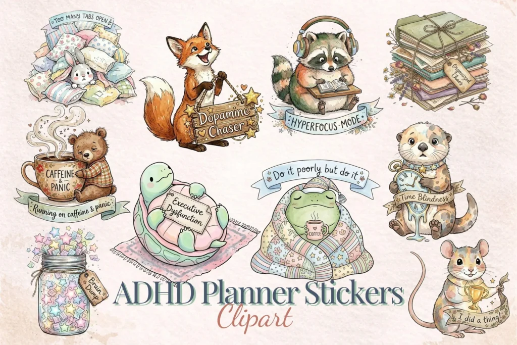 ADHD Planner Stickers Clipart, Mental Health PNG Bundle, Neurodivergent Animal Tracker Cliparts digital download preview by Cute & Co.