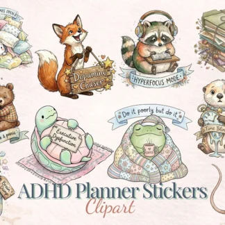 ADHD Planner Stickers Clipart, Mental Health PNG Bundle, Neurodivergent Animal Tracker