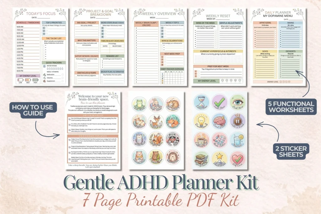 ADHD Planner Printable, Neurodivergent Mental Health Worksheets, Dopamine Menu, Executive Dysfunction Tracker PDF Printables digital download preview by Cute & Co.
