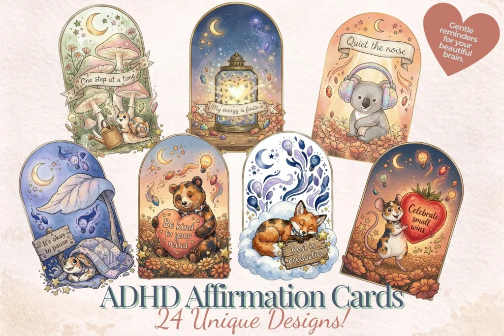 ADHD Affirmation Cards Printable, Neurodivergent Mental Health Oracle Deck, Digital PNG Bundle Printables digital download preview by Cute & Co.