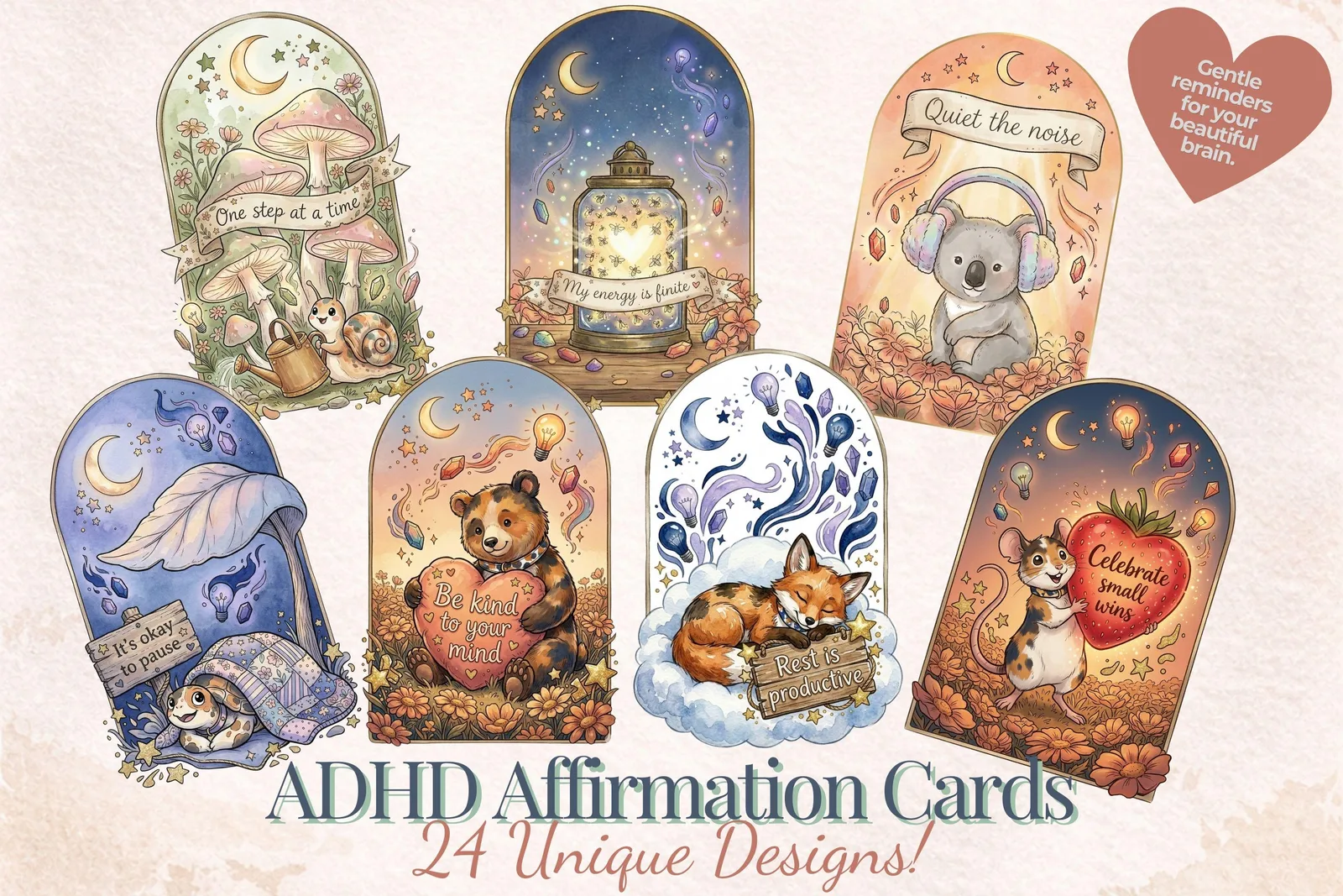 ADHD Affirmation Cards Printable, Neurodivergent Mental Health Oracle Deck, Digital PNG Bundle Printables digital download preview by Cute & Co.