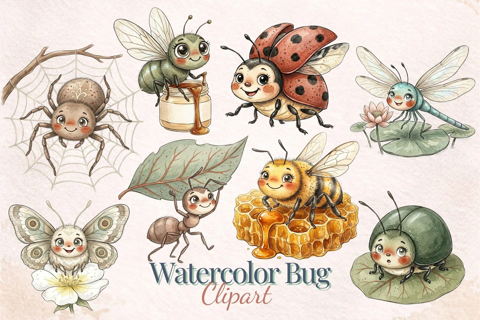 Cute Watercolor Bug Clipart Bundle | Whimsical Insects PNG Digital Download Transparent Cliparts digital download preview by Cute & Co.