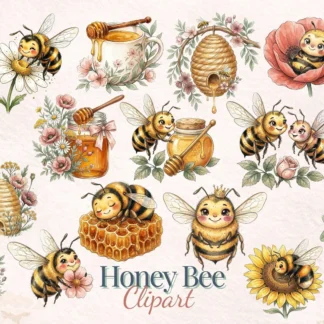 Watercolor Honey Bee Garden Clipart Bundle, Wildflower bee illustrations, Cottagecore golden tones