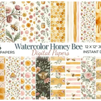 Watercolor Honey Bee Digital Paper Pack | Floral Bee Seamless Patterns Scrapbook Digital Papers digital download preview by Cute & Co.