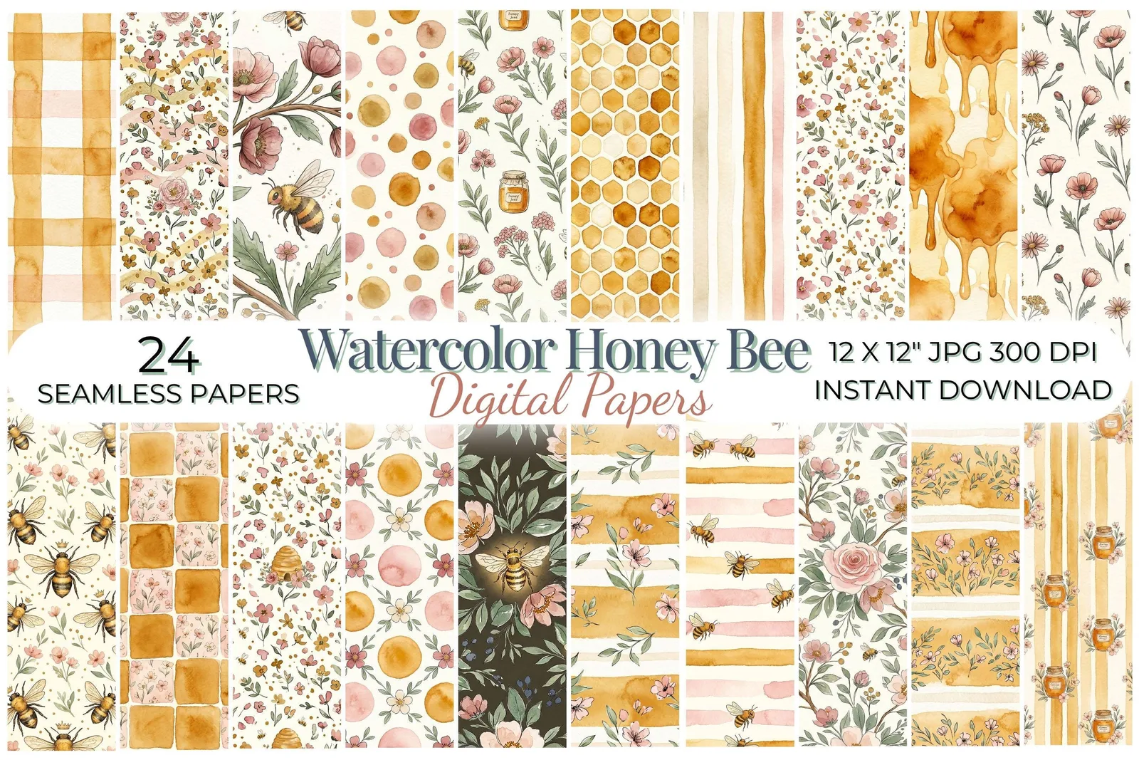 Watercolor Honey Bee Digital Paper Pack | Floral Bee Seamless Patterns Scrapbook Digital Papers digital download preview by Cute & Co.