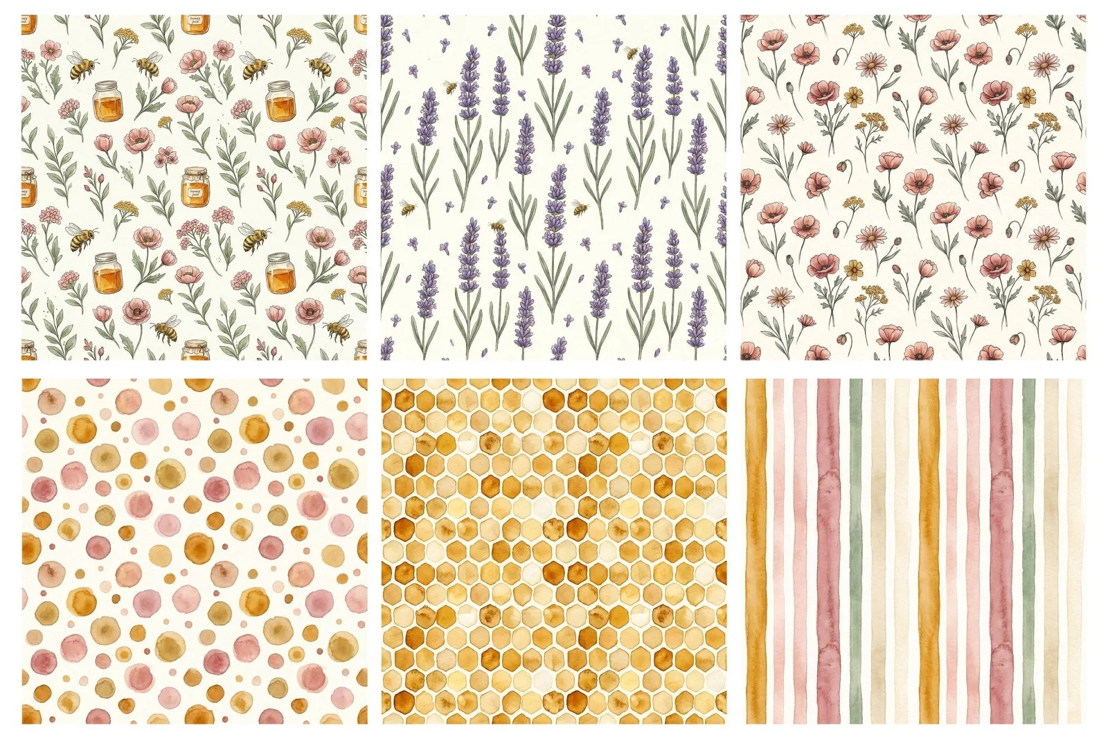 Watercolor Honey Bee Digital Paper Pack | Floral Bee Seamless Patterns Scrapbook Digital Papers digital download preview by Cute & Co.