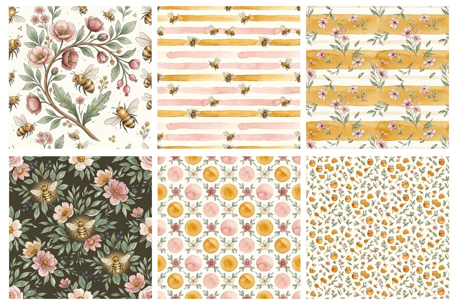 Watercolor Honey Bee Digital Paper Pack | Floral Bee Seamless Patterns Scrapbook Digital Papers digital download preview by Cute & Co.