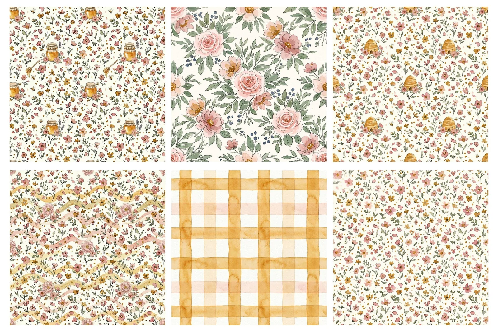 Watercolor Honey Bee Digital Paper Pack | Floral Bee Seamless Patterns Scrapbook Digital Papers digital download preview by Cute & Co.