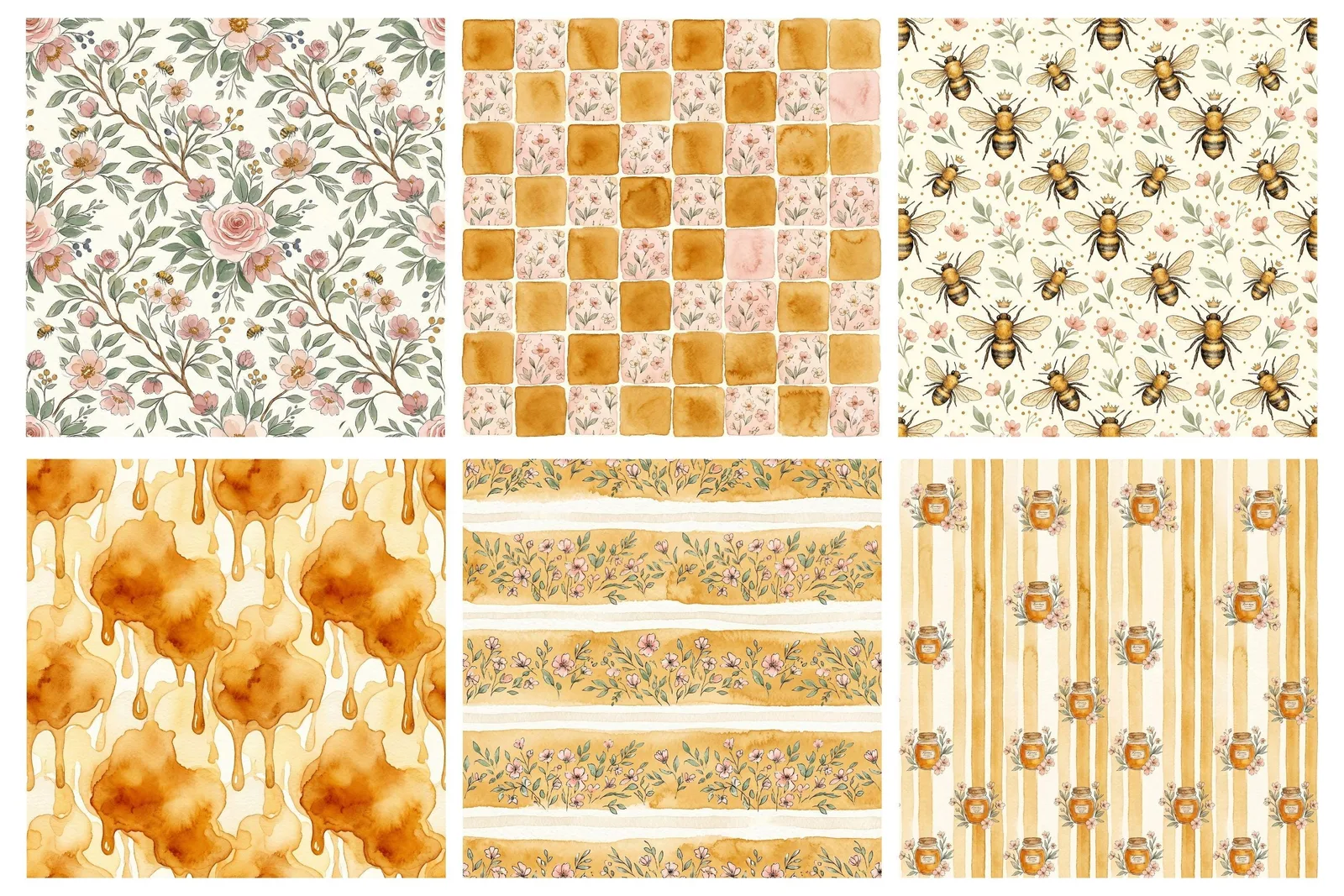 Watercolor Honey Bee Digital Paper Pack | Floral Bee Seamless Patterns Scrapbook Digital Papers digital download preview by Cute & Co.