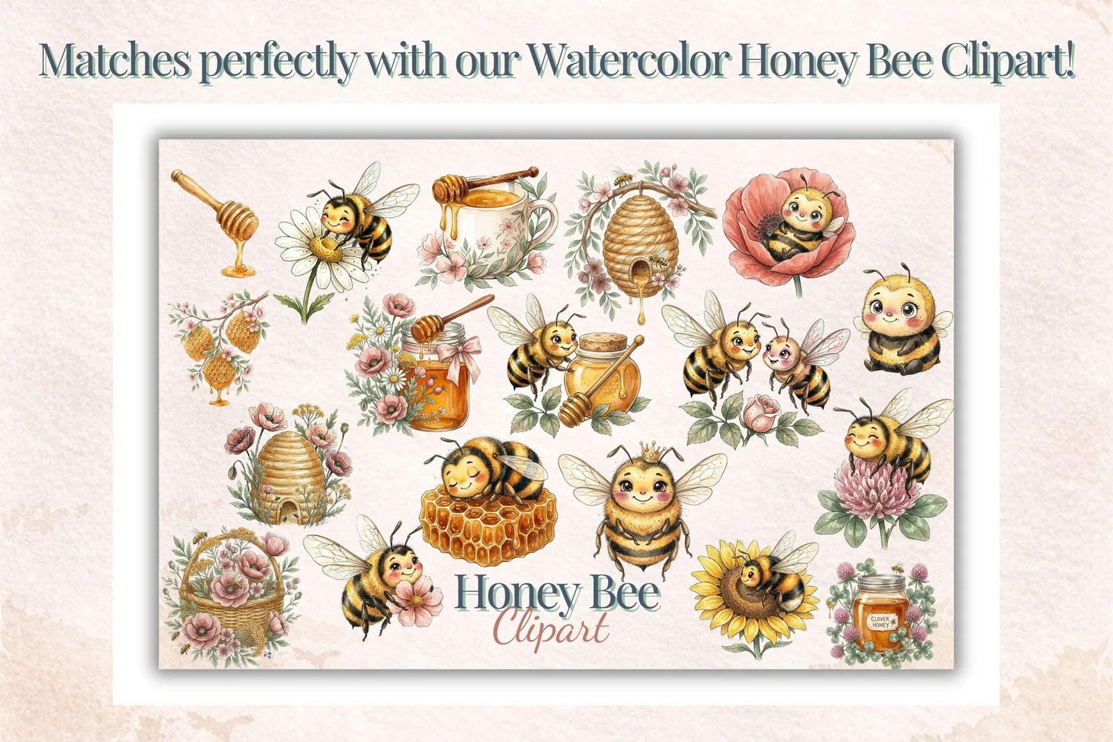 Watercolor Honey Bee Digital Paper Pack | Floral Bee Seamless Patterns Scrapbook Digital Papers digital download preview by Cute & Co.