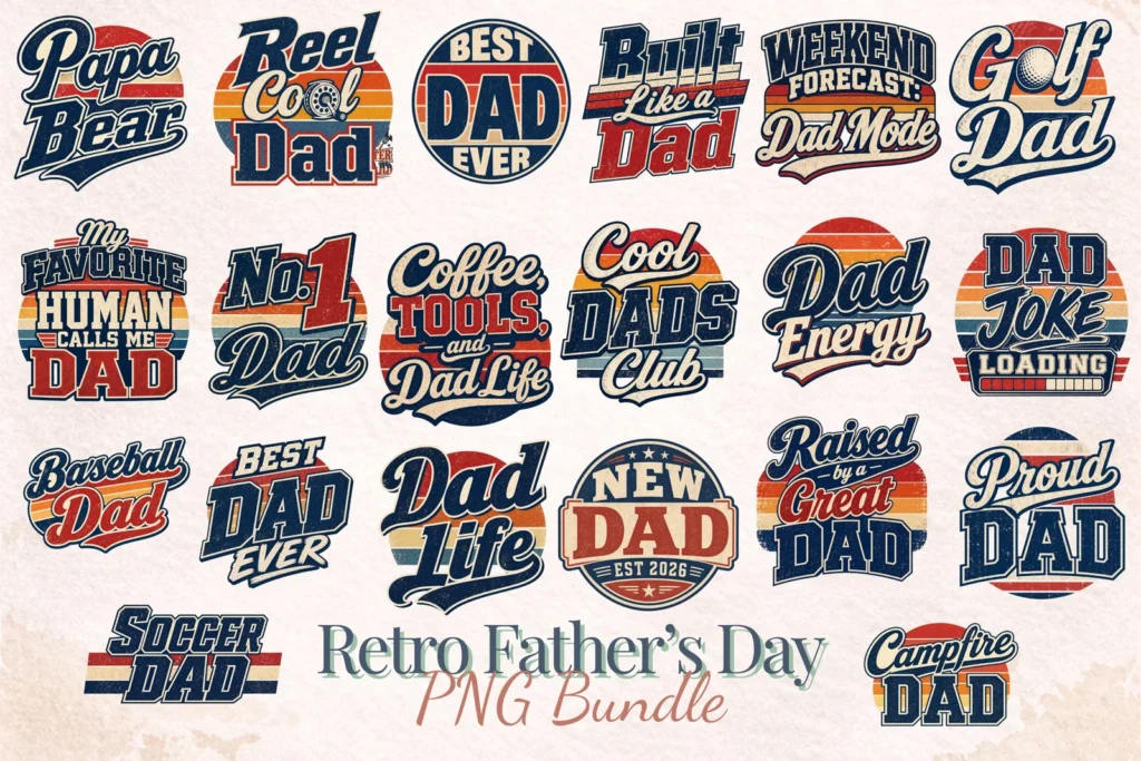 Father’s Day PNG Bundle, Retro Dad Shirt Designs, Funny Dad Quotes for Gifts Cliparts digital download preview by Cute & Co.