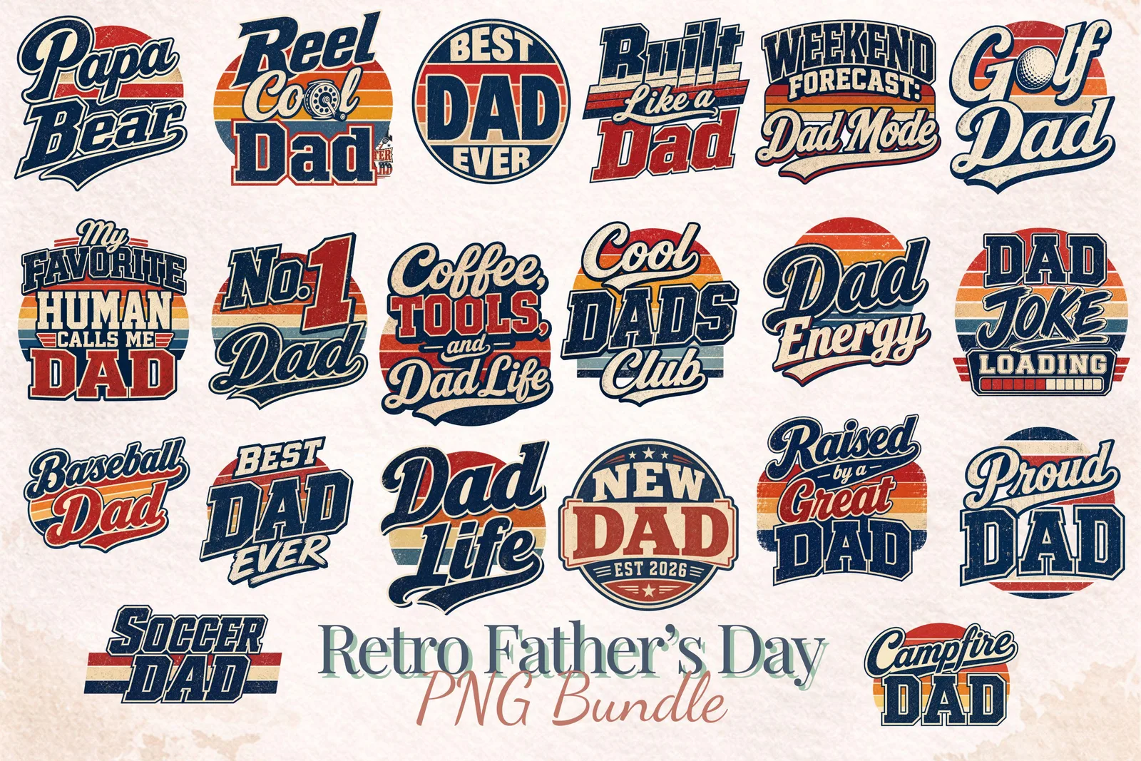 Father’s Day PNG Bundle, Retro Dad Shirt Designs, Funny Dad Quotes for Gifts Cliparts digital download preview by Cute & Co.