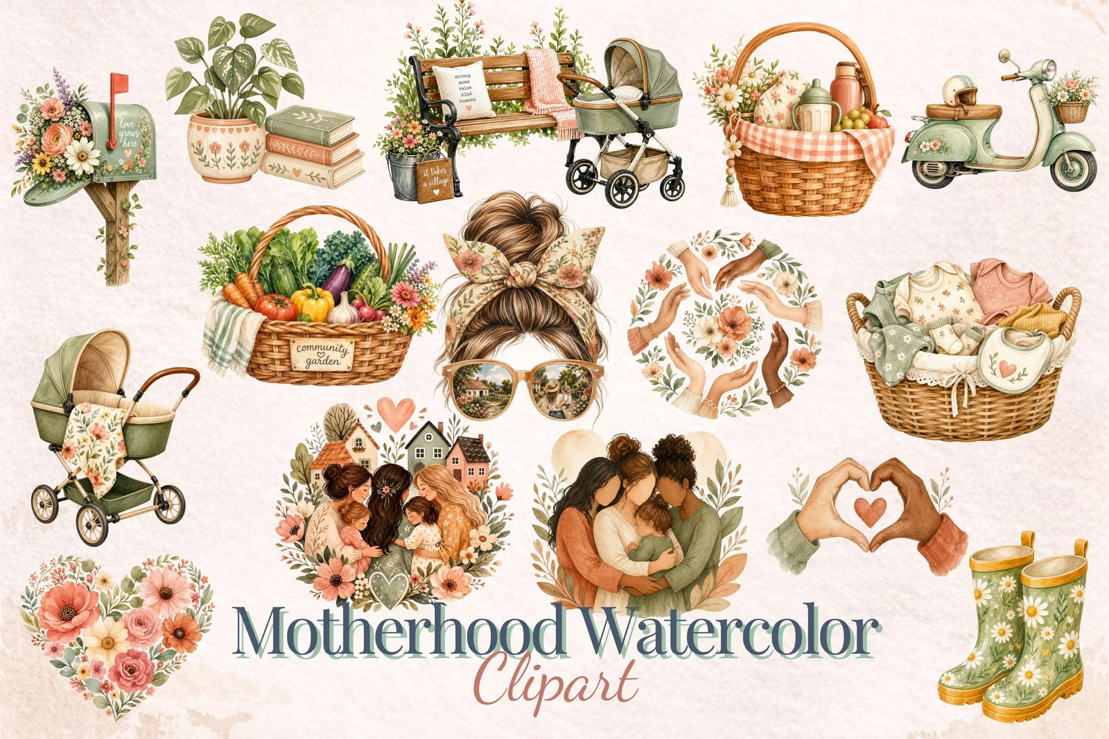 Motherhood Watercolor Clipart Bundle, Mother’s Day Mom and Child PNG Cliparts digital download preview by Cute & Co.