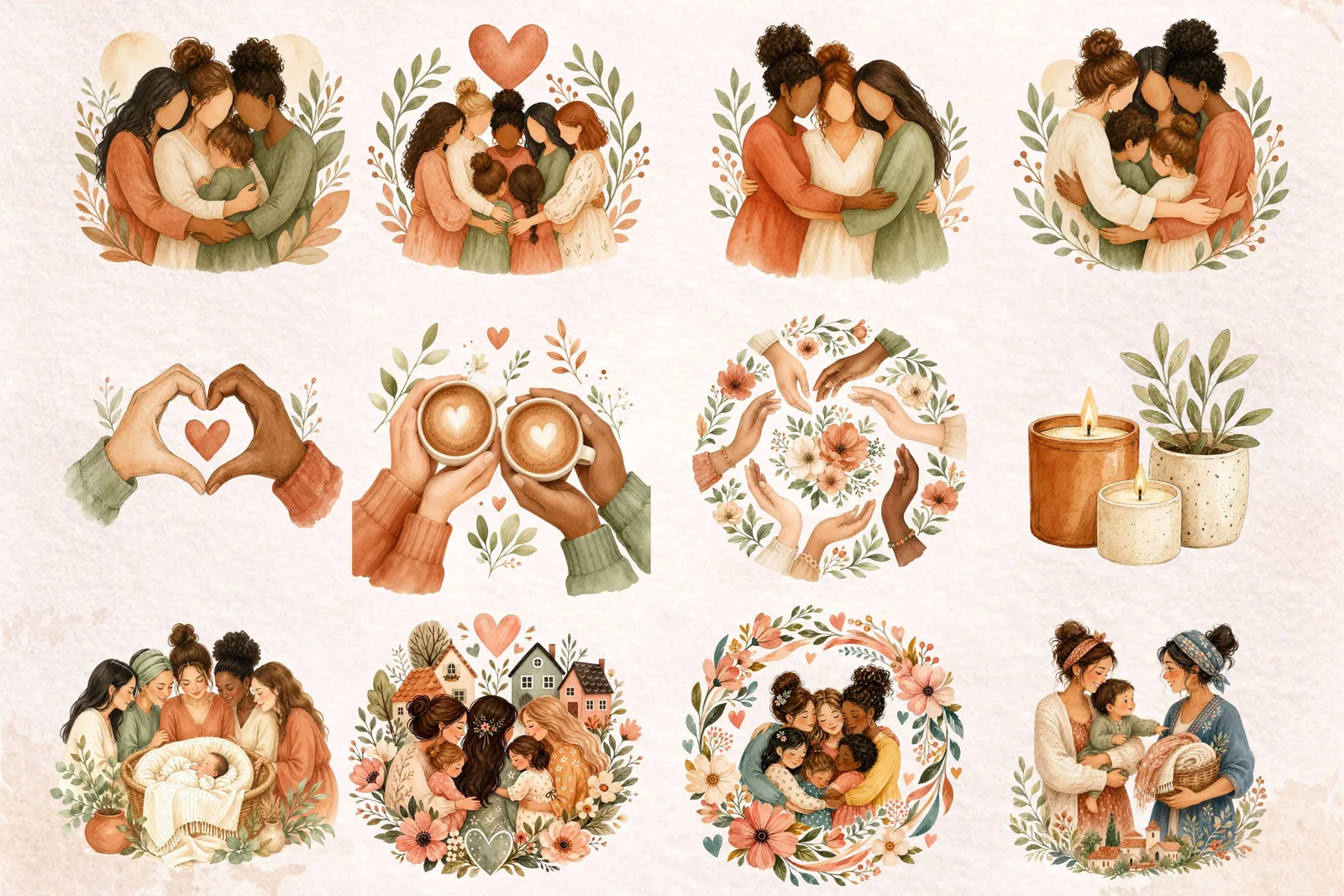 Motherhood Watercolor Clipart Bundle, Mother’s Day Mom and Child PNG Cliparts digital download preview by Cute & Co.