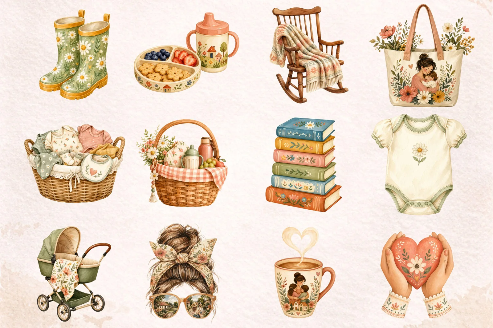 Motherhood Watercolor Clipart Bundle, Mother’s Day Mom and Child PNG Cliparts digital download preview by Cute & Co.