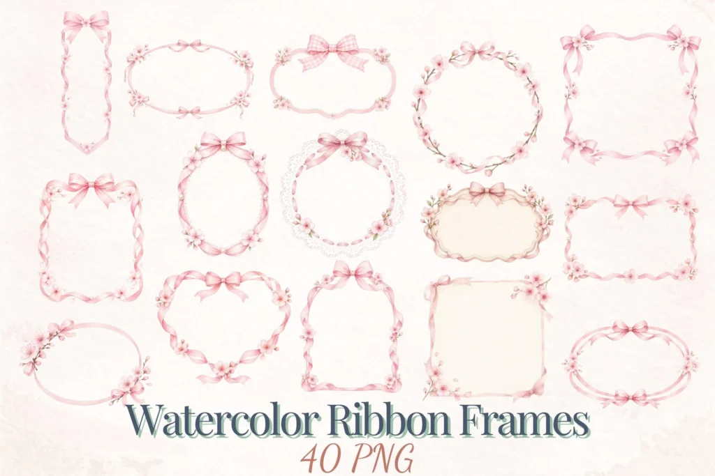 Pink Bow Floral Frame Bundle, Watercolor Ribbon Frames for Invitations and Baby Showers Cliparts digital download preview by Cute & Co.