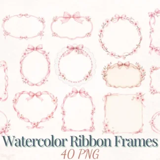 Pink Bow Floral Frame Bundle, Watercolor Ribbon Frames for Invitations and Baby Showers